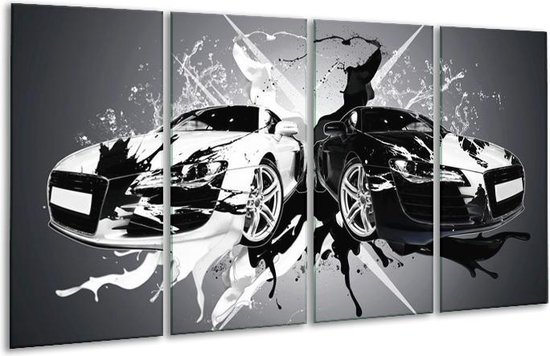 GroepArt - Glasschilderij - Audi - Zwart, Wit, Grijs - 160x80cm 4Luik - Foto Op Glas - Geen Acrylglas Schilderij - 6000+ Glasschilderijen Collectie - Wanddecoratie