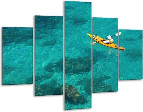 Glasschilderij -  Kayak, Sport - Turquoise, Geel, Groen - 100x70cm 5Luik - Geen Acrylglas Schilderij - GroepArt 6000+ Glasschilderijen Collectie - Wanddecoratie- Foto Op Glas
