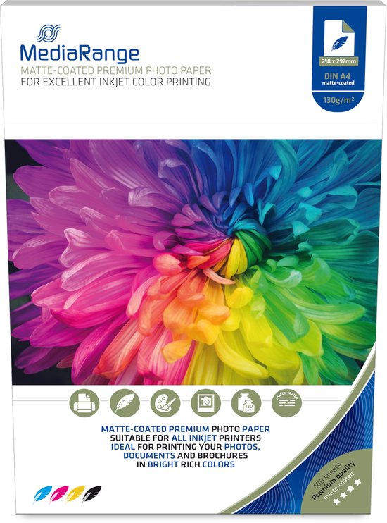 MediaRange A4 inkjet fotopapier, 130 g/m², mat, 100 vel. Met levendige regenboogkleurige bloemenprint.