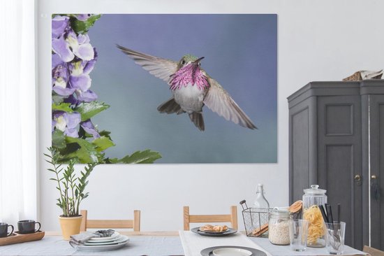 Un colibri calliope aux fleurs violettes Toile 180x120 cm - Tirage photo sur Toile (Décoration murale salon / chambre) XXL / Groot format!