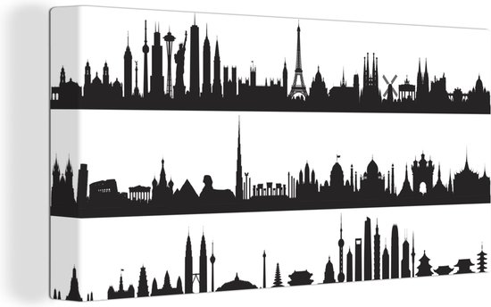 Canvas Schilderij Zwart-wit illustratie van een skyline met bezienswaardigheden - 40x20 cm - Wanddecoratie