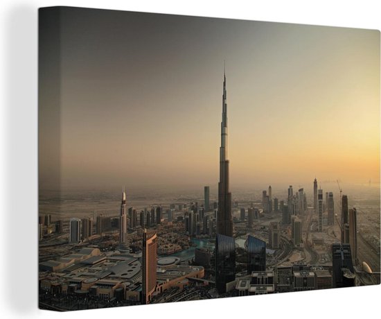 Canvas Schilderij Zonsondergang achter de Burj Khalifa en Dubai - 30x20 cm - Wanddecoratie
