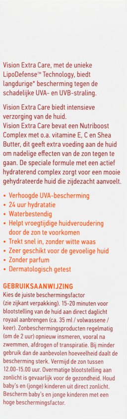 Achterkant van de verpakking van Vision Extra Care SPF 30 met productinformatie en gebruiksaanwijzing.