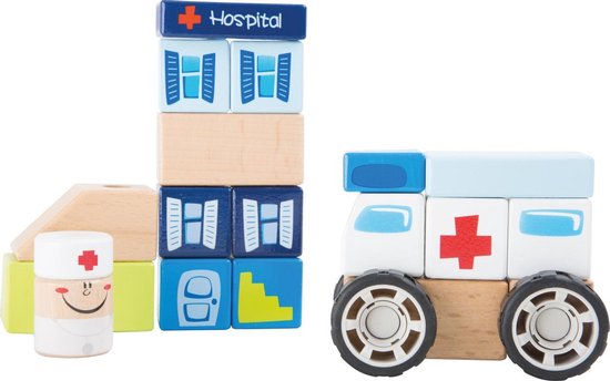 Houten bouwset met geluid Ambulance, broeder + ziekenhuis - Speelgoed vanaf 2 jaar |