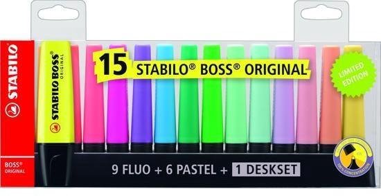 STABILO BOSS ORIGINAL – Markeerstift – 15 Stuks Deskset - 9 Standaard + 6 Pastel Kleuren - STABILO