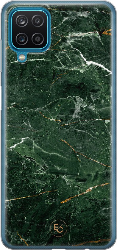 Coque de téléphone vert foncé aspect marbre avec des accents dorés, un cadre bleu et une découpe pour appareil photo.