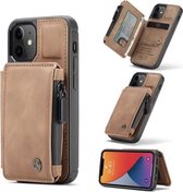 CaseMe C20 multifunctionele pc + TPU beschermhoes met houder & kaartsleuf & portemonnee voor iPhone 12 mini (bruin)