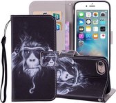 Chimpansee Patroon Gekleurde Tekening Horizontale Leren Flip Case Voor iPhone SE 2020 & 8 & 7, met Houder & Kaartsleuven & Portemonnee & Lanyard