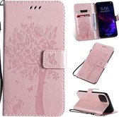 Tree & Cat Pattern Pressed Printing Horizontale Flip PU lederen tas met houder & kaartsleuven & portemonnee & lanyard voor iPhone 11 (Rose Gold)