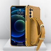Voor OPPO Reno5 gegalvaniseerde TPU krokodillenpatroon lederen tas met polsband (geel)