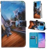 Voor Galaxy S20 Ultra Gekleurd Tekening Patroon Plain Weave Horizontale Flip Leren Case met Houder & Kaartsleuf & Portemonnee & Lanyard (Spiegel Kat)