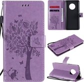 Voor Huawei Enjoy 20 Plus 5G Tree & Cat Pattern Pressed Printing Horizontale Flip PU lederen hoes met houder & kaartsleuven & portemonnee & lanyard (lichtpaars)