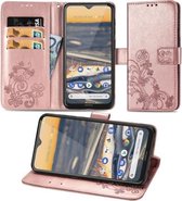 Voor Nokia 5.3 Lucky Clover Pressed Flowers Pattern Leather Case met houder & kaartsleuven & portemonnee & draagriem (rose goud)