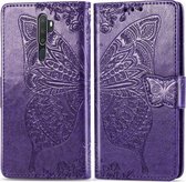 Voor OPPO A5 (2020) / A9 (2020) Butterfly Love Flower Reliëf Horizontale Flip lederen tas met beugel Lanyard Kaartsleuf Portemonnee (donkerpaars)