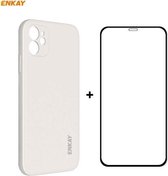 Voor iPhone 12 Hat-Prince ENKAY ENK-PC0682 Vloeibare siliconen Rechte rand schokbestendige behuizing + 0.26 mm 9H 2.5D Volledige lijm Gehard glasfilm (beige)