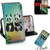 Gekleurde tekening patroon Kleurrijke magnetische gesp Horizontale flip PU lederen tas met houder & kaartsleuven & portemonnee & lanyard voor Galaxy Note 10/10 5G (twee panda's)