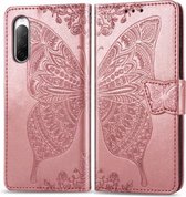 Voor Sony Xperia 10 II Vlinder Liefde Bloem Reliëf Horizontale Flip Leren Case met Beugel / Kaartsleuf / Portemonnee / Lanyard (Rose Goud)