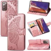 Voor Samsung Galaxy Note 20 vlinder liefde bloem reliëf horizontale flip lederen tas met beugel / kaartsleuf / portemonnee / lanyard (rose goud)