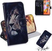 Voor Galaxy A11 & M11 Gekleurde tekening Horizontale flip lederen tas met houder & kaartsleuf & portemonnee (leeuw)