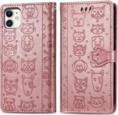 Voor iPhone 11 Leuke kat en hond in reliëf gemaakte horizontale flip PU lederen tas met houder / kaartsleuf / portemonnee / lanyard (roségoud)