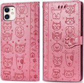 Voor iPhone 11 Leuke kat en hond reliëf horizontale flip PU lederen tas met houder / kaartsleuf / portemonnee / lanyard (roze)