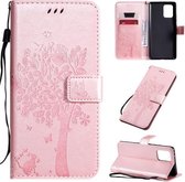 Voor Galaxy A91 / M80S Tree & Cat Pattern Pressed Printing Horizontale Flip PU Leather Case met houder & kaartsleuven & portemonnee & Lanyard (Rose Gold)