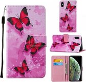 Voor iPhone X / XS Cross Texture Painting Pattern Horizontale Flip lederen hoes met houder & kaartsleuven & portemonnee & lanyard (roze vlinder)