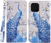 Voor iPhone 12/12 Pro 3D-schilderijpatroon Gekleurde tekening Horizontale flip PU-lederen hoes met houder & kaartsleuven en portemonnee (blauwe pauw)