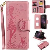 Voor iPhone 11 Pro Max vrouw en kat reliëf horizontale flip lederen tas, met portemonnee & houder & kaartsleuven & fotolijst & spiegel & lanyard (roze)