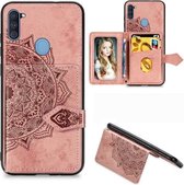 Voor Samsung Galaxy A11 Mandala Reliëf Magnetische Doek PU + TPU + PC Case met Houder & Kaartsleuven & Portemonnee & Fotolijst & Riem (Rose Goud)