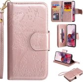 Voor Samsung Galaxy S20 vrouw en kat reliëf horizontale flip lederen tas, met kaartsleuven & houder & portemonnee & fotolijst & spiegel & lanyard (rose goud)