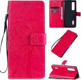 Voor OPPO Find X2 Pro Tree & Cat Pattern Pressed Printing Horizontale Flip PU lederen tas met houder & kaartsleuven & portemonnee & lanyard (Rose Red)