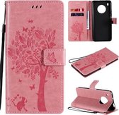 Voor Huawei Y9a Boom & Kat Patroon Geperst Afdrukken Horizontale Flip PU Lederen Case met Houder & Kaartsleuven & Portemonnee & Lanyard (Roze)