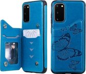 Voor Galaxy S20 Butterfly Embossing Pattern Schokbestendige beschermhoes met houder & kaartsleuven & fotolijst (blauw)