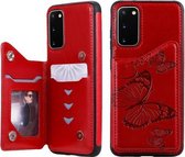 Voor Galaxy S20 Butterfly Embossing Pattern Schokbestendige beschermhoes met houder & kaartsleuven & fotolijst (rood)