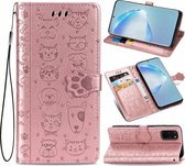 Voor Galaxy S20 Plus Leuke Kat en Hond Reliëf Horizontale Flip Leren Case met Beugel / Kaartsleuf / Portemonnee / Lanyard (Rose Goud)