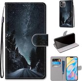 Gekleurde tekening Cross Texture Horizontale Flip PU lederen tas met houder & kaartsleuven & portemonnee & lanyard voor iPhone 12 Pro Max (Mountain Road Starry Sky)