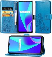 Voor OPPO Realme C15 vierbladige sluiting reliëf gesp mobiele telefoon bescherming lederen tas met lanyard & kaartsleuf & portemonnee & houder (blauw)