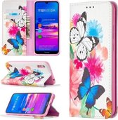 Voor Huawei Y6 (2019) Gekleurde Tekening Patroon Onzichtbare Magnetische Horizontale Flip PU Lederen Case met Houder & Kaartsleuven & Portemonnee (Twee Vlinders)