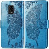 Voor Xiaomi Redmi Note 9S / Note 9 Pro / Note 9 Pro Max Butterfly Love Flower Reliëf horizontale flip lederen tas met beugel / kaartsleuf / portemonnee / lanyard (blauw)