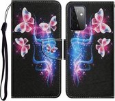 Voor Samsung Galaxy A72 5G Gekleurd tekeningpatroon Horizontaal Flip PU-lederen hoes met houder & kaartsleuven & portemonnee & lanyard (drie fluorescerende vlinders)