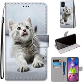 Voor Samsung Galaxy M51 Gekleurde Tekening Cross Textuur Horizontale Flip PU Lederen Case met Houder & Kaartsleuven & Portemonnee & Lanyard (Kleine Grijze Kat)