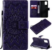 Voor Samsung Galaxy M31s Geperst Afdrukken Zonnebloempatroon Horizontale Flip PU-lederen Case met Houder & Kaartsleuven & Portemonnee & Lanyard (Paars)