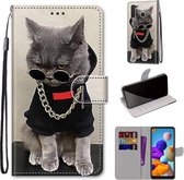 Voor Samsung Galaxy A21 Gekleurde Tekening Cross Textuur Horizontale Flip PU Lederen Case met Houder & Kaartsleuven & Portemonnee & Lanyard (Gouden Ketting Grijze Kat)