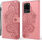 Voor Samsung Galaxy S20 Ultra Pauw Reliëf Patroon Horizontale Flip Leren Case met Houder & Kaartsleuven & Portemonnee & Lanyard (Roze)