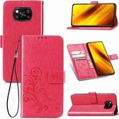 Voor Xiaomi Poco X3 NFC Vierbladige sluiting Reliëfgesp Mobiele telefoonbescherming Leren tas met Lanyard & Card Slot & Wallet & Bracket-functie (magenta)