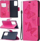 Voor Samsung Galaxy Note20 Ultra Embossing Two Butterflies Pattern Horizontale Flip PU Leather Case met Houder & Card Slot & Wallet & Lanyard (Rose Red)