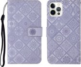 Etnische stijl reliëf patroon horizontale flip lederen tas met houder & kaartsleuven & portemonnee & lanyard voor iPhone 12 Pro Max (paars)