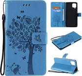 Voor Samsung Galaxy A12 Tree & Cat Pattern Pressed Printing Horizontale Flip PU lederen tas met houder & kaartsleuven & portemonnee & lanyard (blauw)
