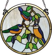 LumiLamp Glaspaneel Tiffany Ø 30 cm Groen Glas in lood Rond vogels Glaskunst Glas in Lood Paneel Glas in Lood Hanger